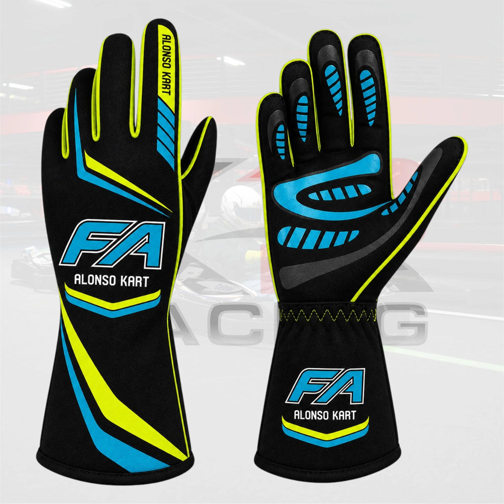 FA Alonso Kart Racing Gloves – Black Neon Yellow & Cyan