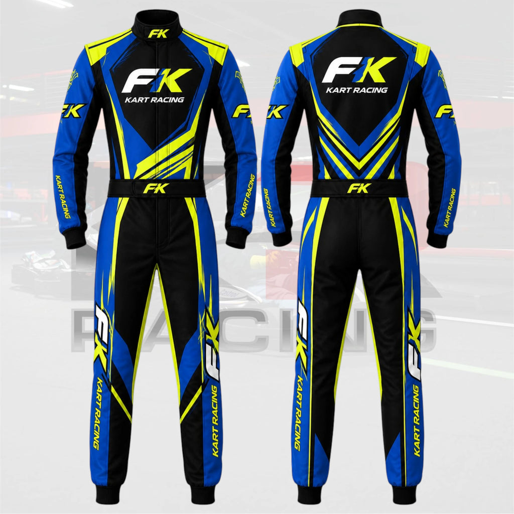 New 2025 FK Kart Racing Team Suit Black / Blue / Neon yellow