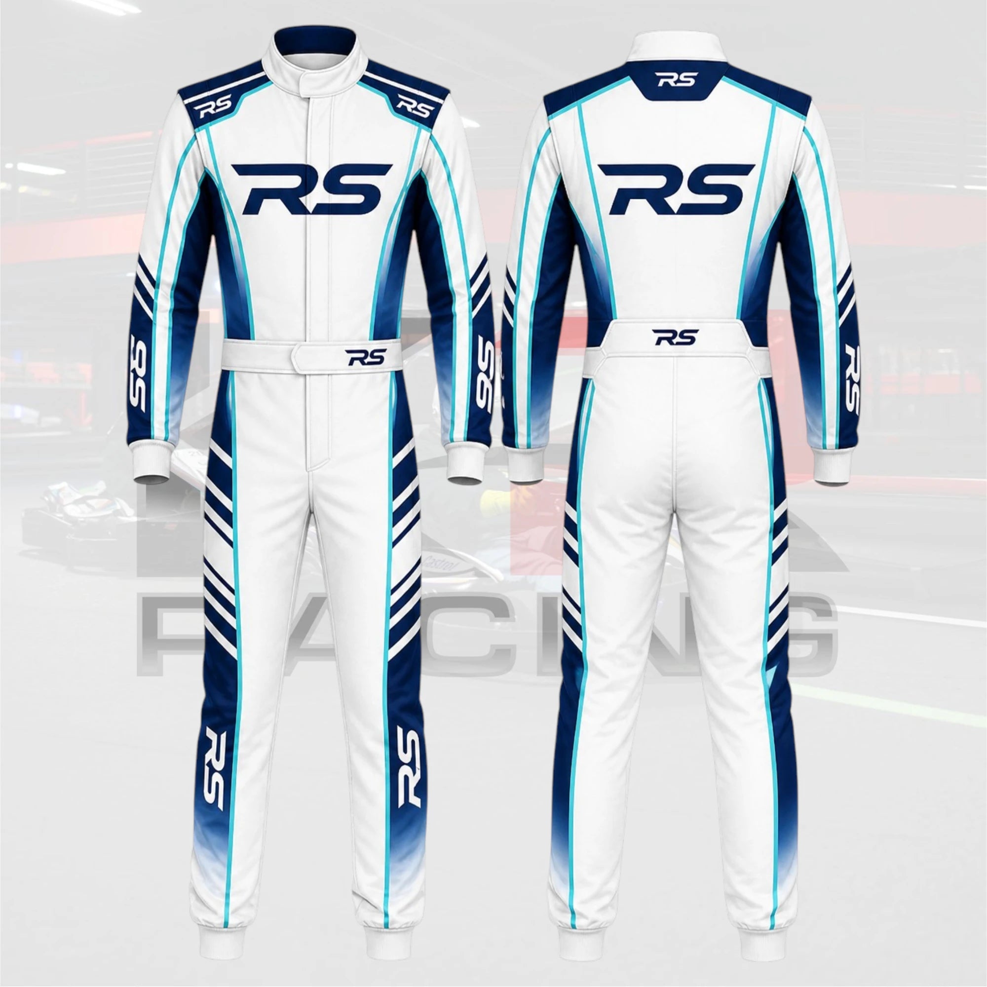 New Custom RS Kart Racing Suit White / Navy Blue