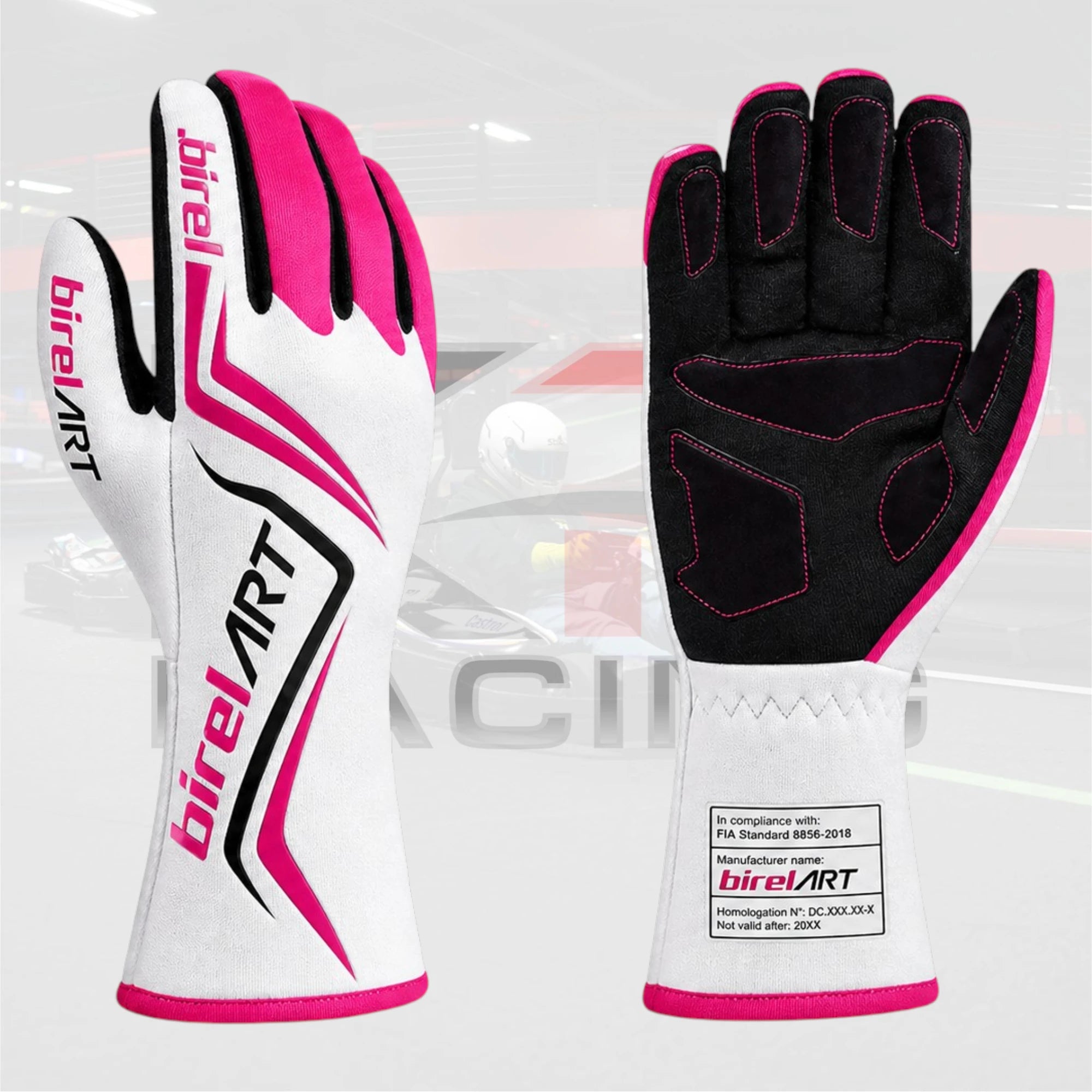 2026  Birel Art Kart Racing Gloves White / Pink