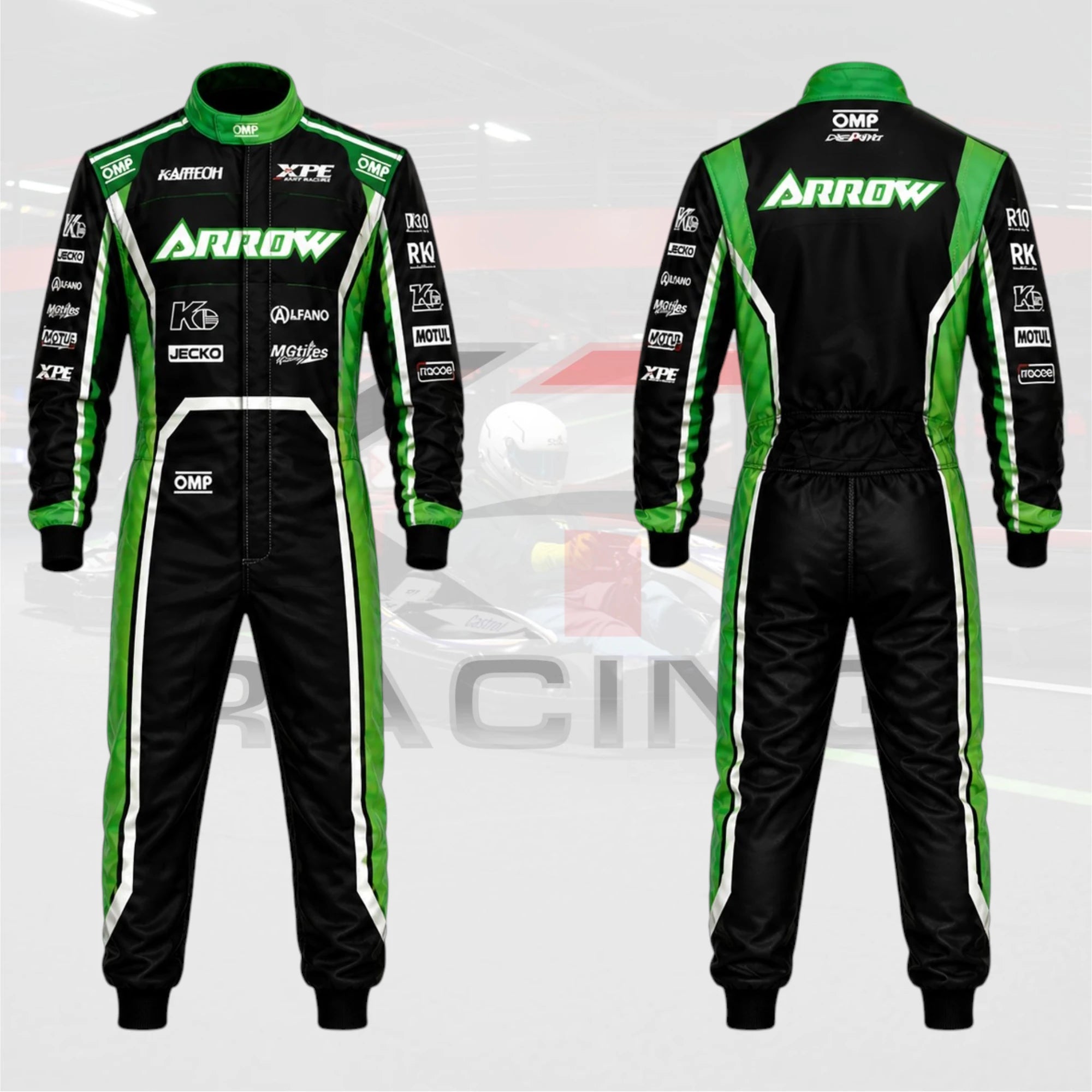 New OMP Arrow Kart Racing Suit Black / White / Green