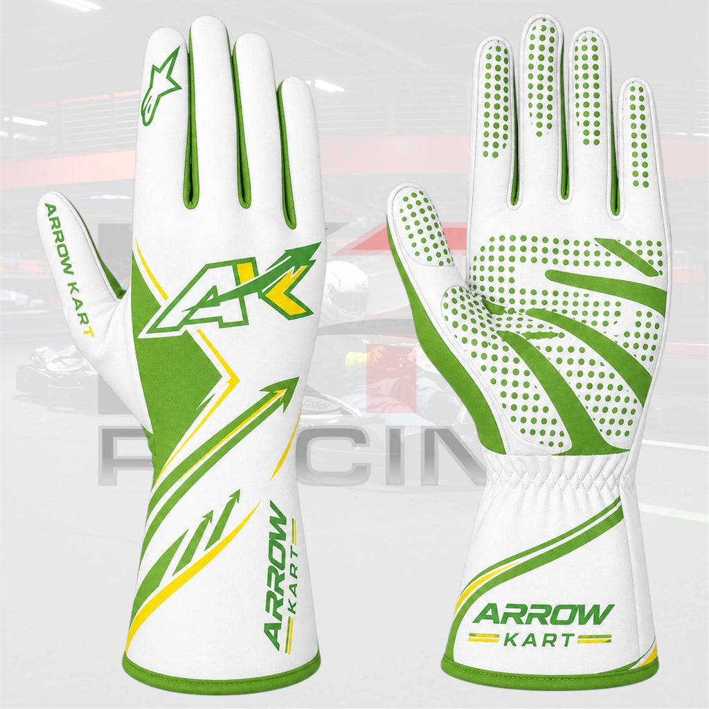 New OMP Arrow Kart Racing Gloves White / Green / Yellow