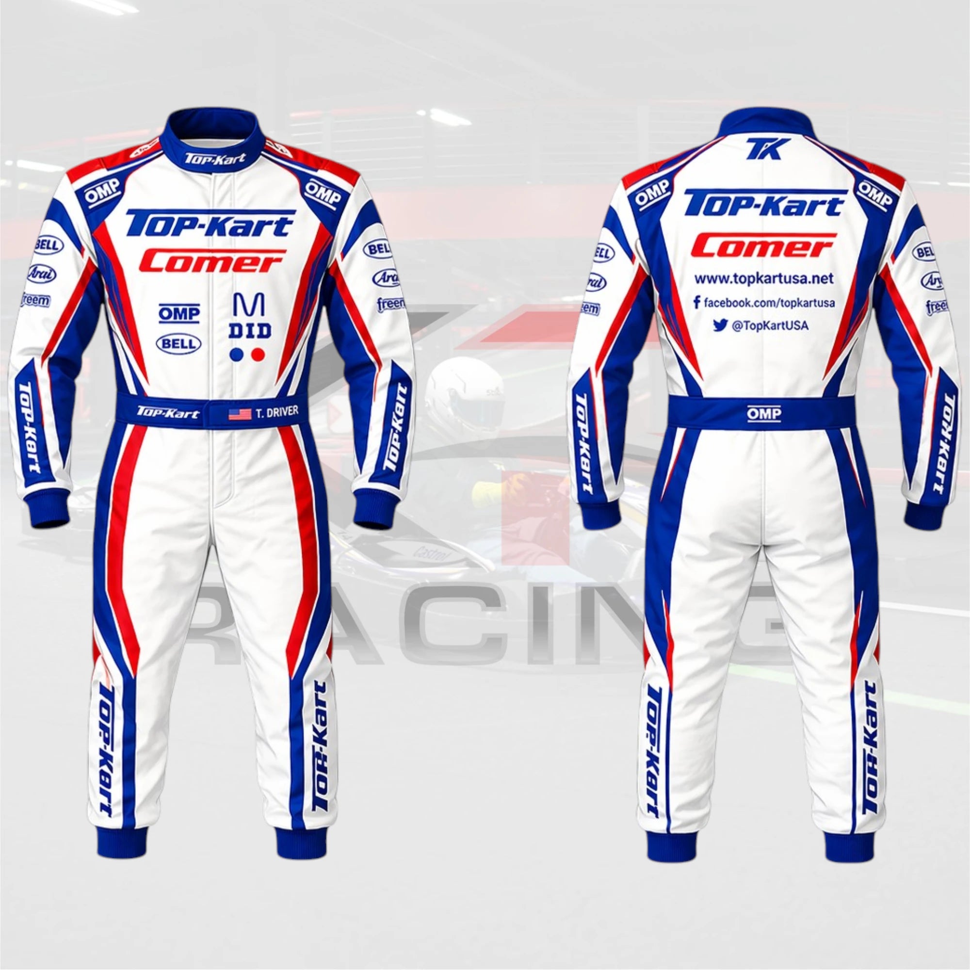 Top Kart V20 Pro Racing Suit – White/Blue/Red Performance Edition