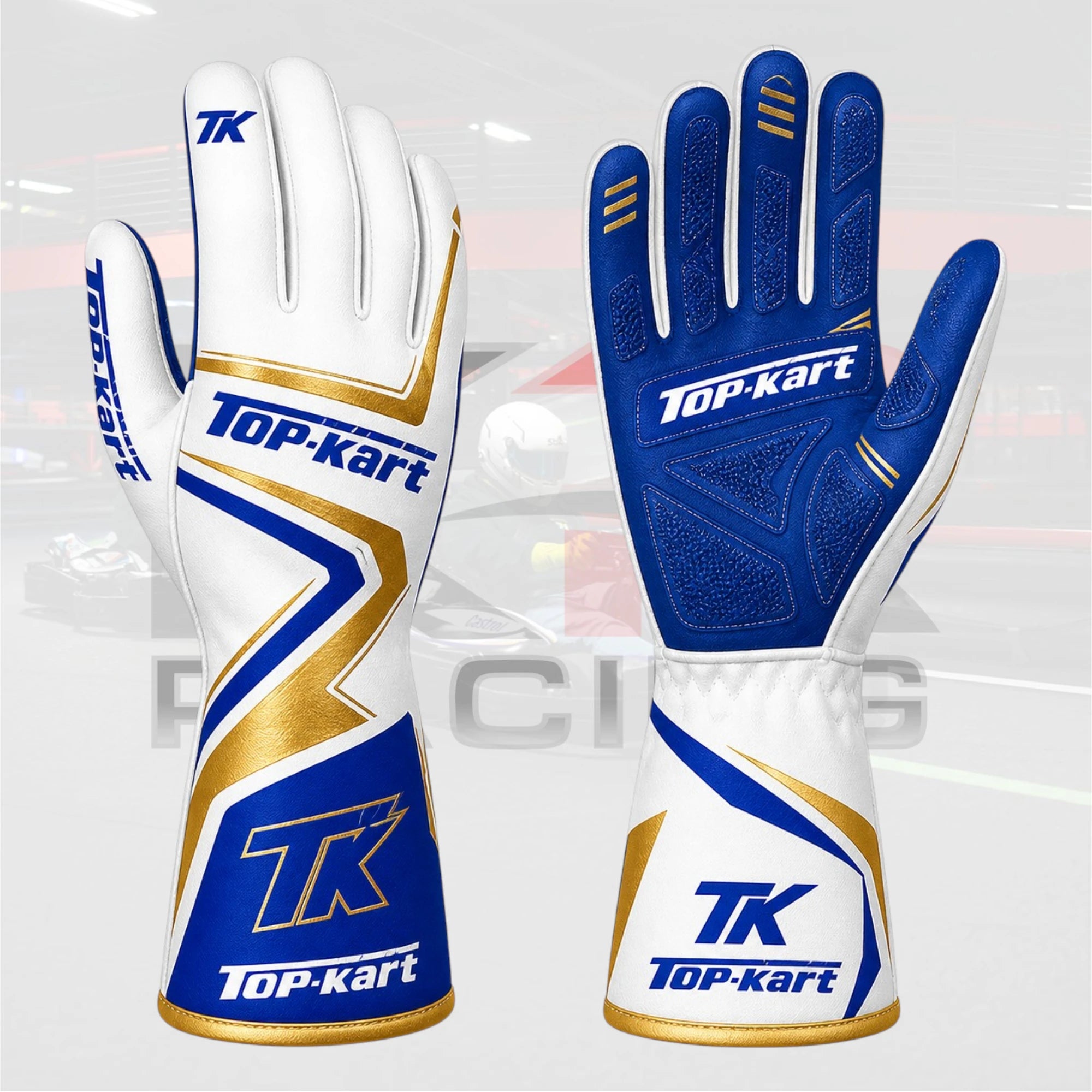 Top Kart Apex TK Gloves 2026 – White/Gold/Blue Edition