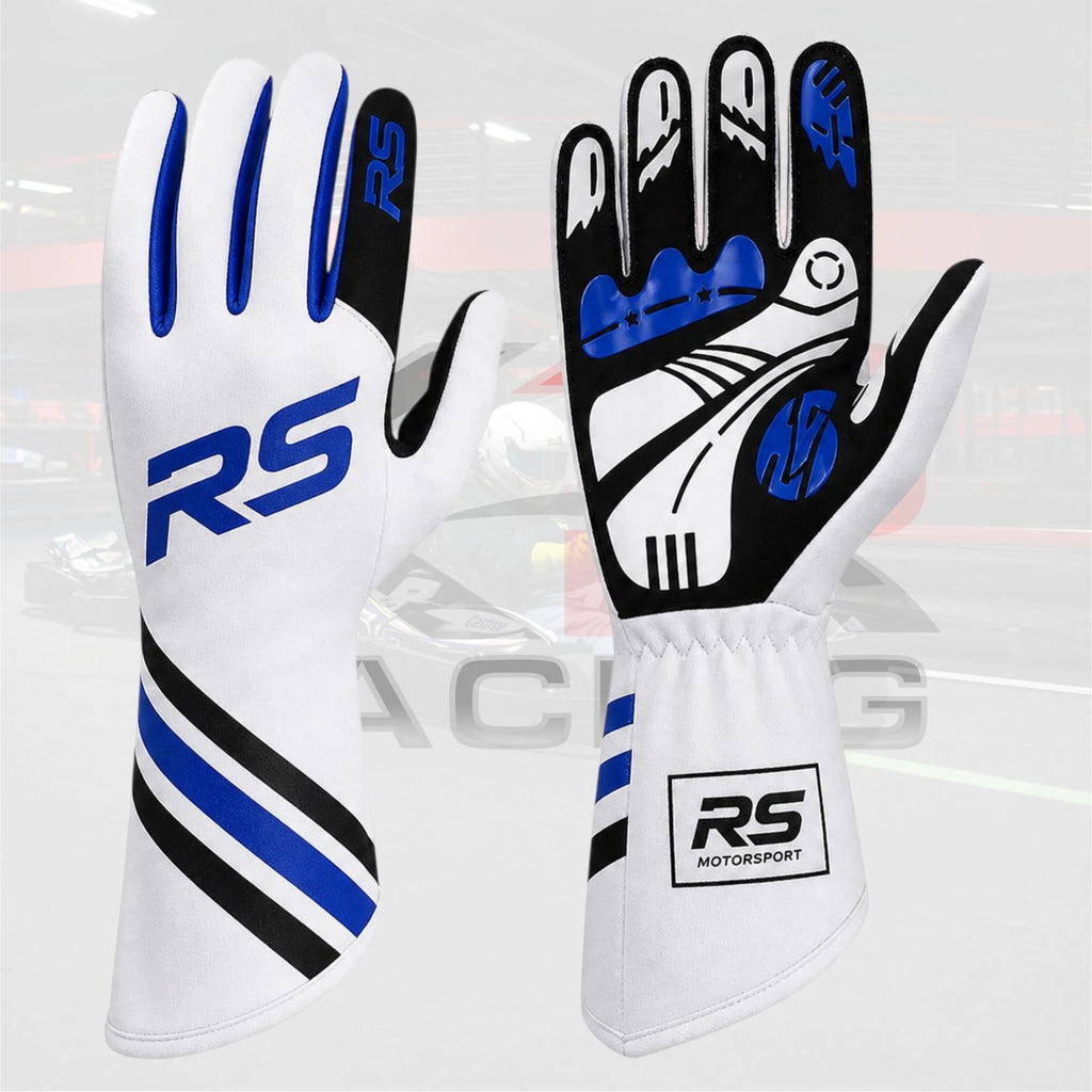 New Custom RS Kart Racing Gloves  White / Blue / Black