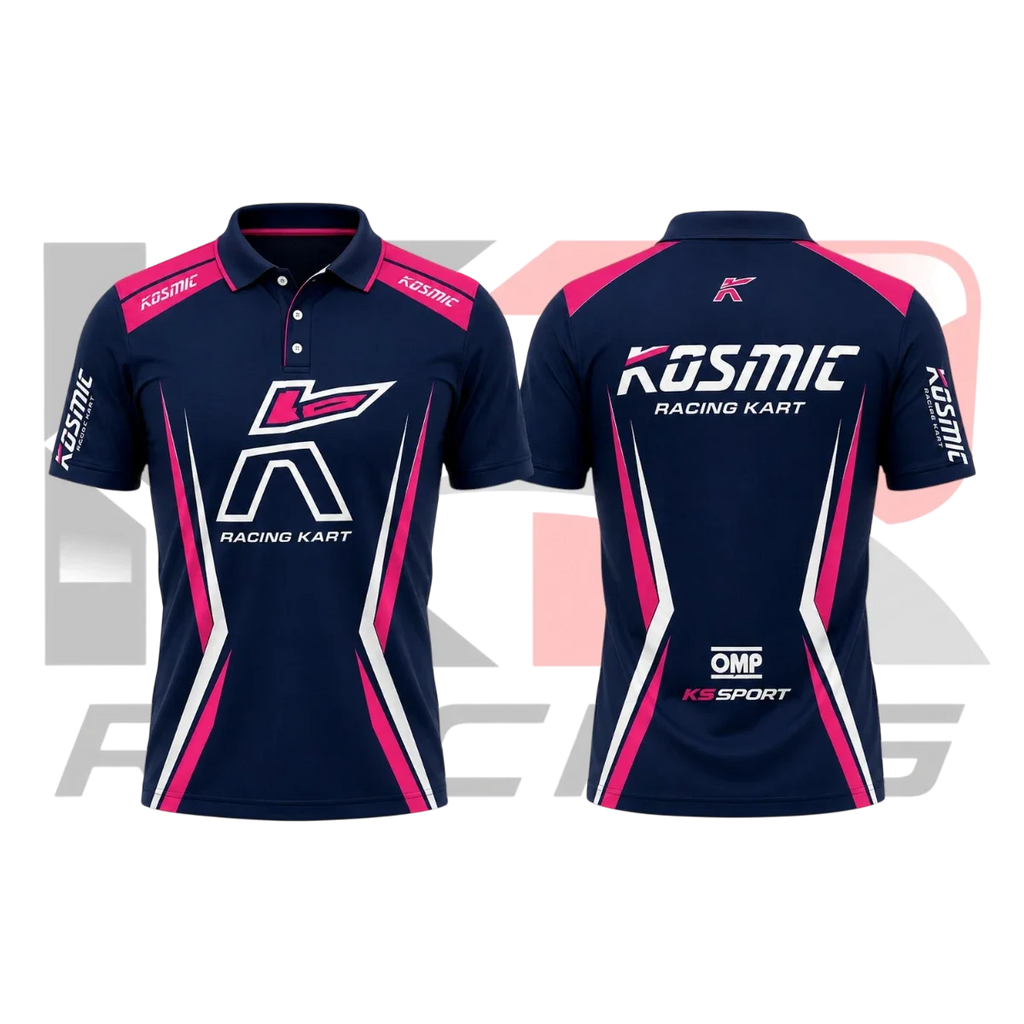 OMP Kosmic Kart Racing Polo Shirt Navy Blue & White & Pink
