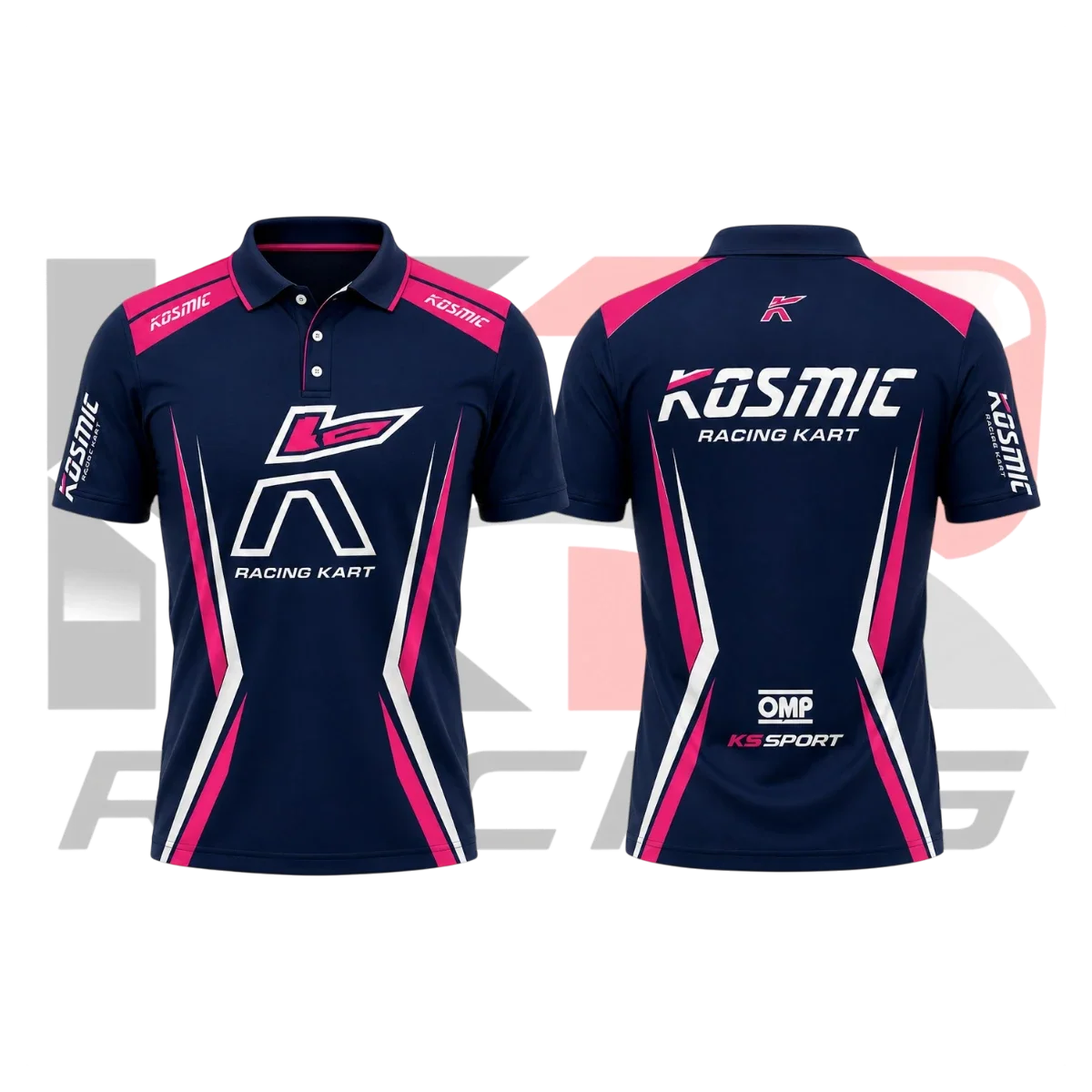 OMP Kosmic Kart Racing Polo Shirt Navy Blue & White & Pink