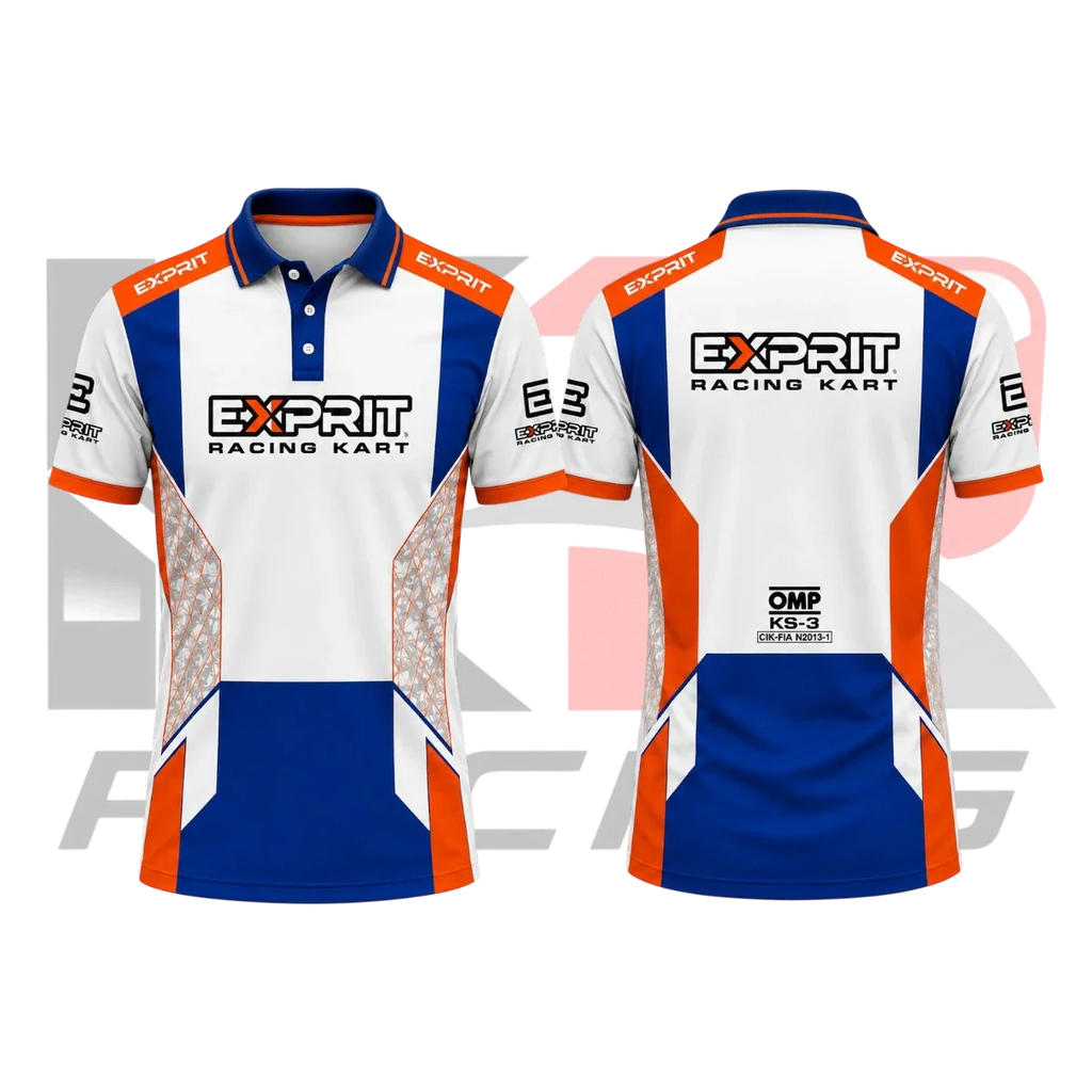 OMP Exprit Kart Racing Polo Shirt Blue & White & Orange