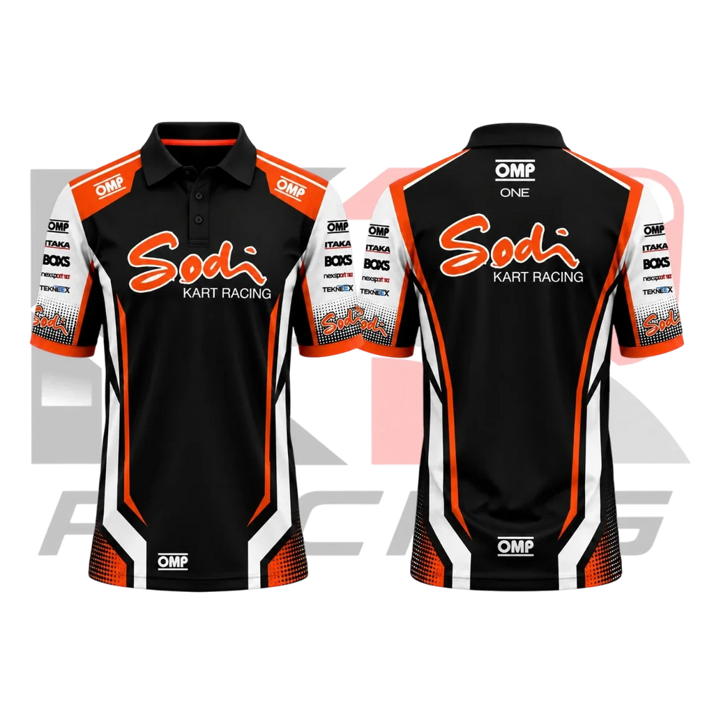 OMP Sodi Kart Racing Polo Shirt Black & Orange & White