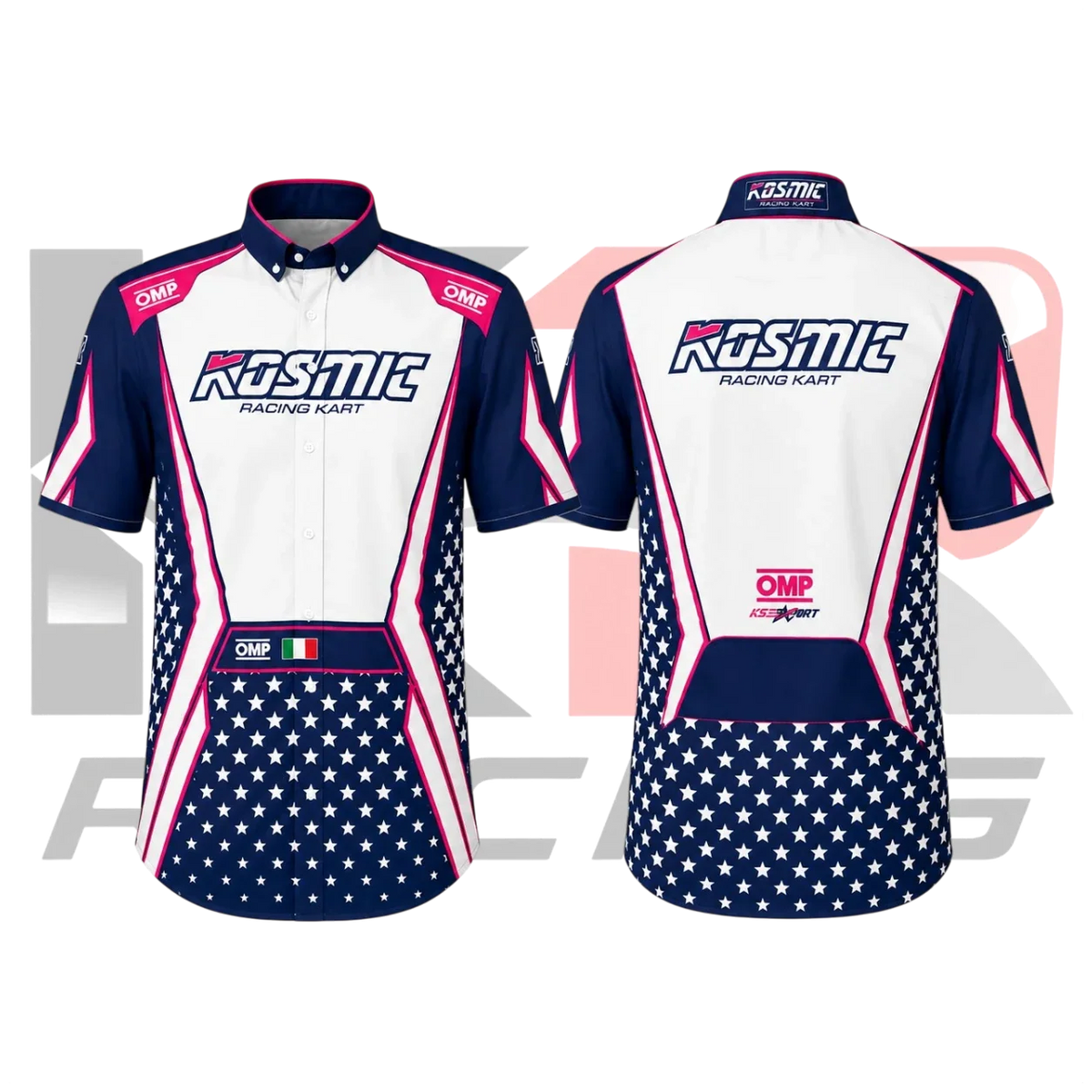 Kosmic Racing Kart Crew Shirt – Navy Blue, White & Pink