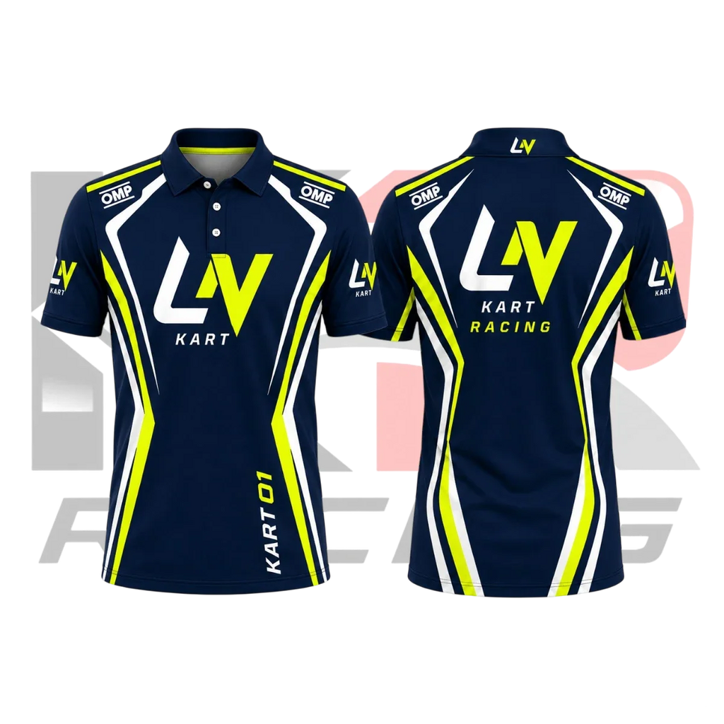 OMP LN Kart Racing Polo Shirt Navy Blue & White & Green