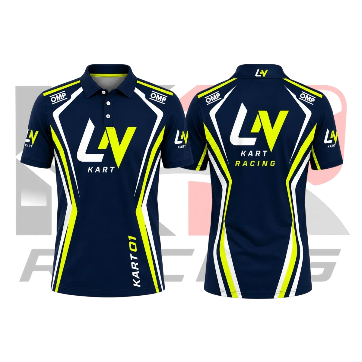 OMP LN Kart Racing Polo Shirt Navy Blue & White & Green
