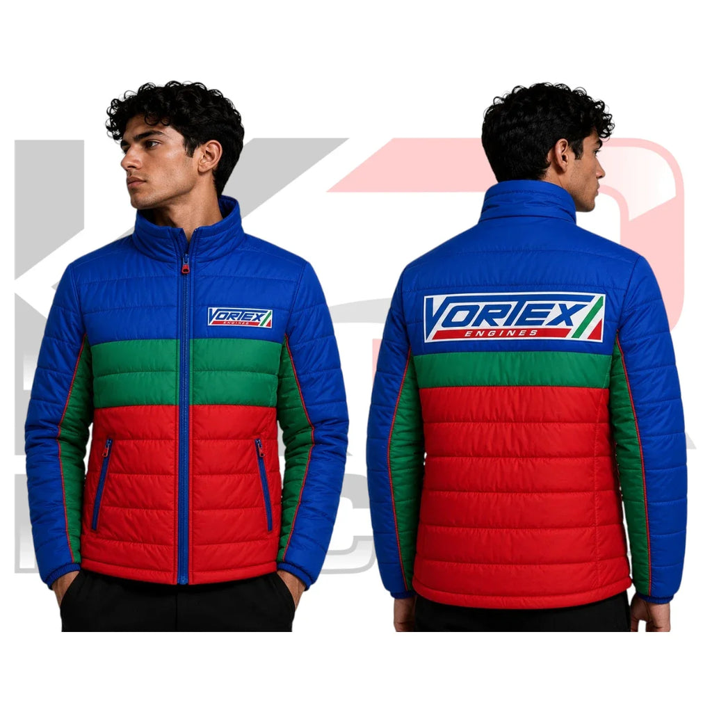 VORTAX Kart Racing Puffer Jacket – Premium Blue, Green & Red