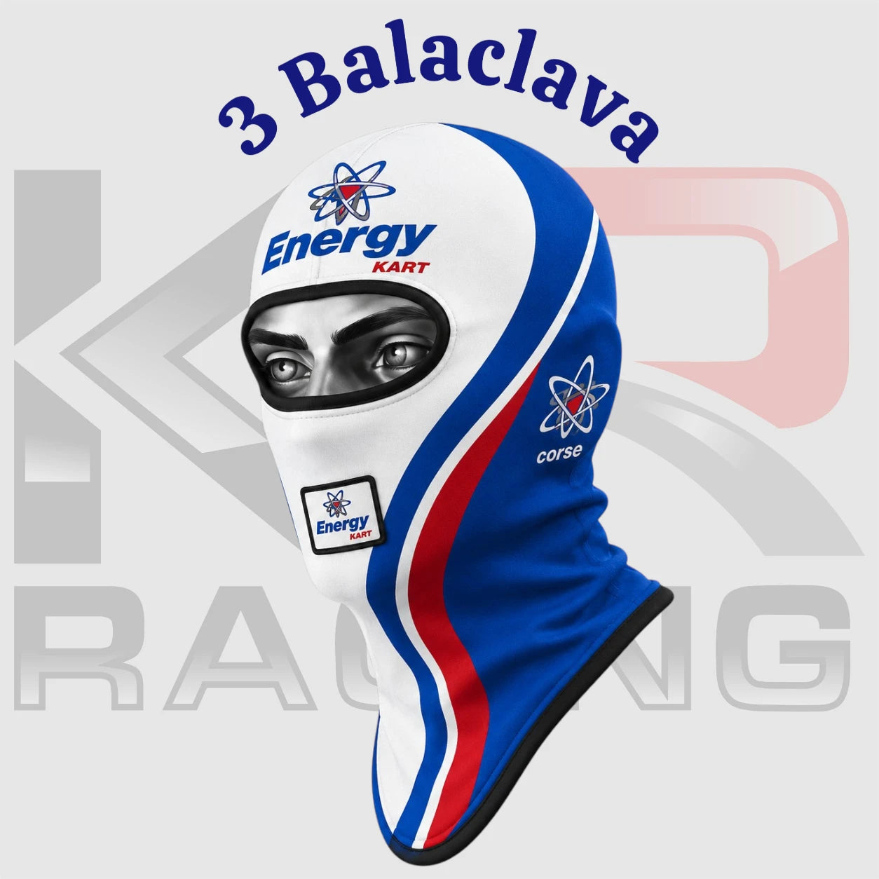 Energy Kart Cotton Balaclava – Full Face Racing Helmet Liner (Blue White Red