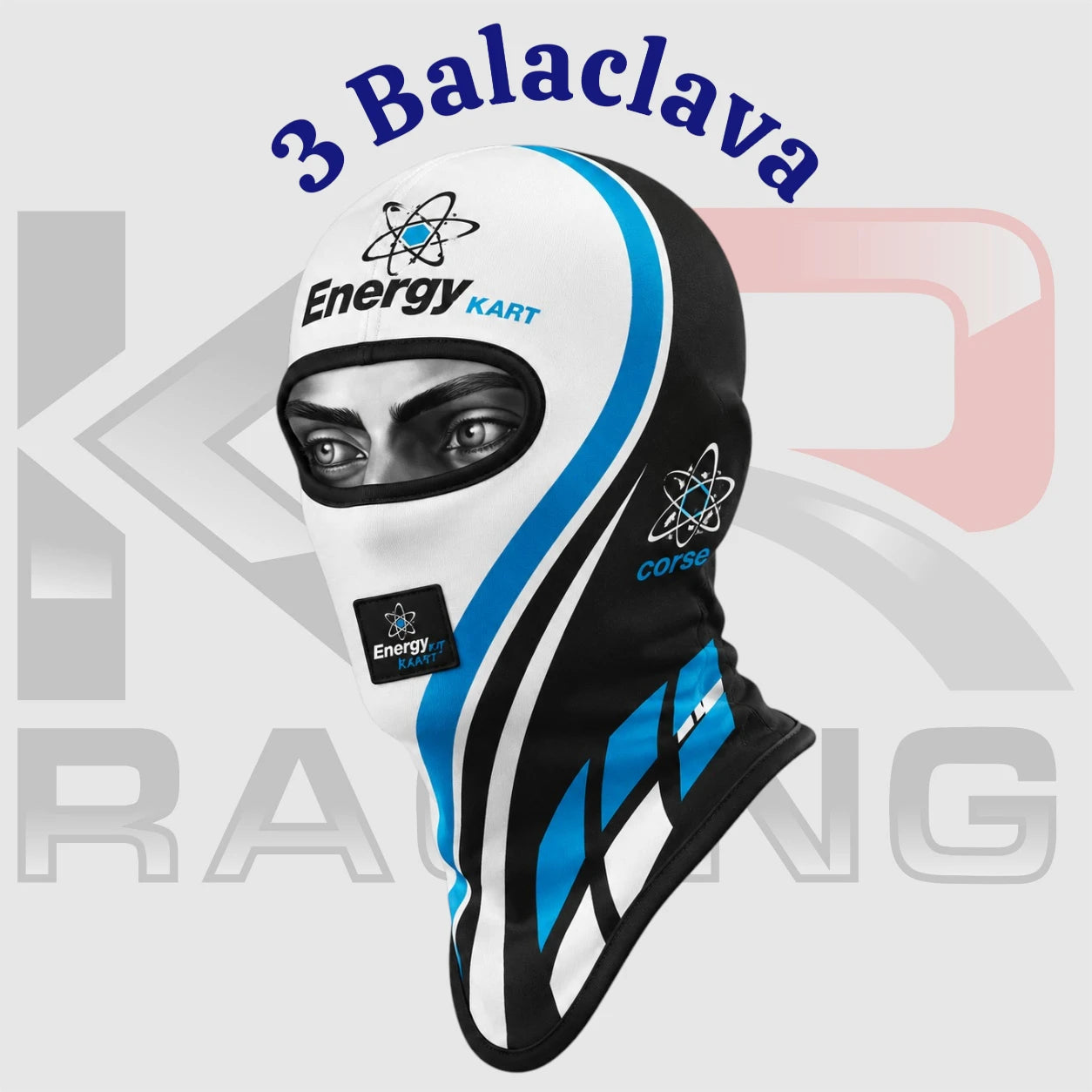 Energy Kart Cotton Balaclava – Full Face Racing Helmet Liner (White Black Blue