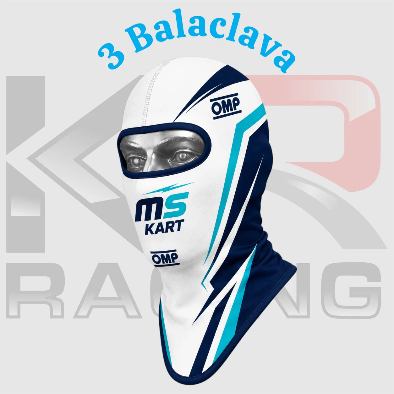 MS Kart Cotton Balaclava – White/Navy Blue/Sky Blue